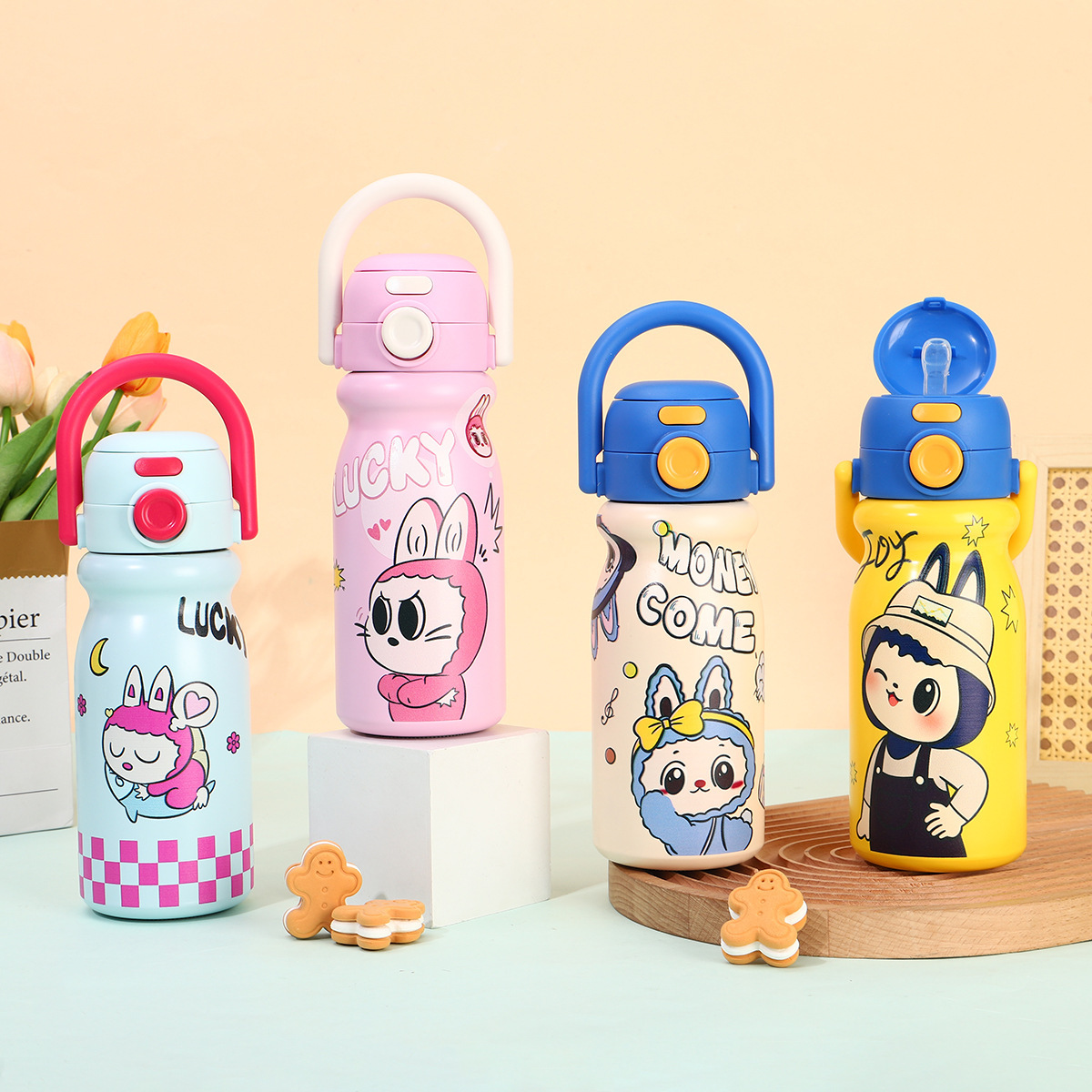 1 Cartoon Cute Labu Double Drinking Cup Handheld Stainless Steel Insulated Cup Outdoor Portable Children's Straw Cup - Image 1
