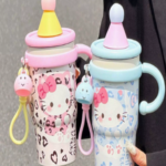 Cartoon Kt Cat stainless steel water bottle with straw, portable and keeps hot drinks warm.