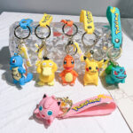 Pokémon 3D Silicone Keychain, Pikachu Squirtle Charmander Bulbasaur Figure Bag Pendant with Wrist Strap