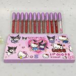 Kuromi & Hello Kitty Matte Lip Gloss Set, 12 Colors Per Box, Total Waterproof Long Lasting Lip Makeup